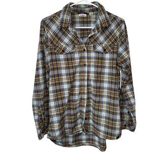 L.L. Bean Womens Plaid Button-Down Shirt Size S Brown & Blue Cotton